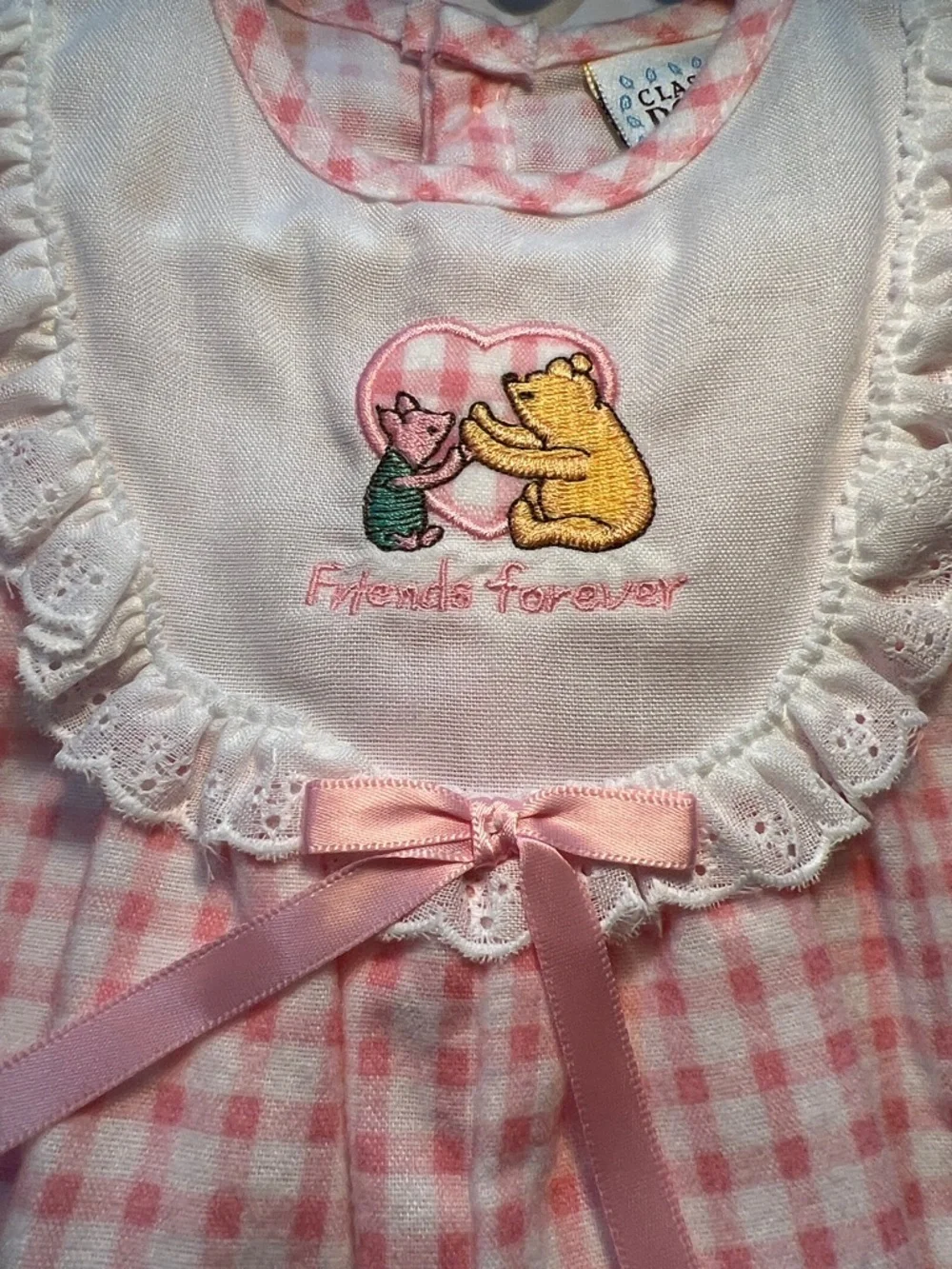 Vintage Winnie The Pooh Pink Gingham Kids Pajamas with Embroidered Detail